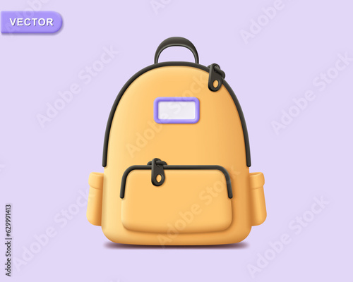 3D school bag vector icon. Render yellow backpack for back to school, education, vacation, holiday, tourism, travel and time to travel concept. 3d rendering school bag cartoon minimal illustration