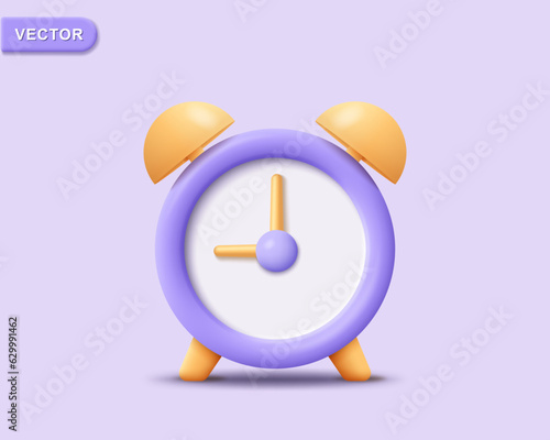 3d alarm clock icon with hands. Render purple watch for home and school. Concept of ringing, time and deadline. 3d realistic alarm clock vector illustration