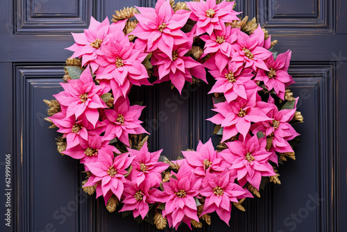 Pink Christmas wreaths with poinsettias on the front door © reddish
