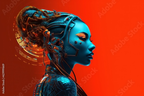 Female robotic face portrait with light cyan skin with colorful details on red background in the style of modern cyberpunk. Futuristic concept