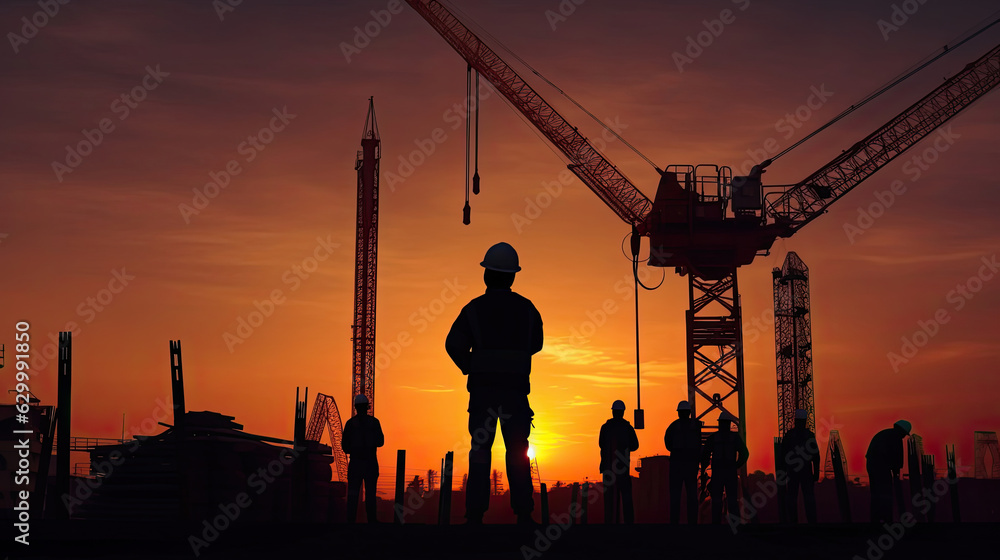 Silhouette of Engineer standing orders for construction crews to work on high ground heavy industry and safety concept. Generative Ai