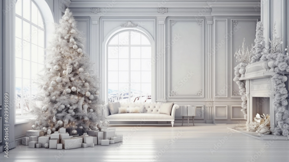Christmas Living room home interior. Wall mock up background. Ai generated - obrazy, fototapety, plakaty 