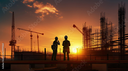 Silhouette of Engineer and worker checking project at construction site at sunset. Generative Ai