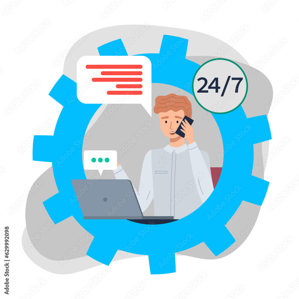 Talking on phone, chatting. Young man sitting at table with laptop and conducting business negotiations. Support chat 24 7 operator. Manager sitting at desk with computer and talking on smartphone Talking on phone, chatting. Young man sitting at table with laptop and conducting business negotiations. Support chat 24 7 operator. Manager sitting at desk with computer and talking on smartphone
