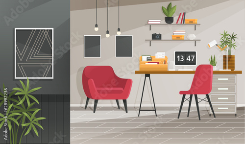 Home office interior. Vector illustration. Freelance and convenient job concept Business workspace in room interior Work from home, distant work, freelance, work online Designer architect workplace