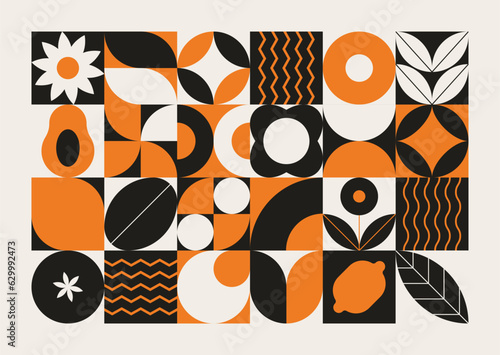 Geometric natural pattern. Abstract mosaic leaf fruit plant simple shapes, minimal floral eco layout design. Vector banner