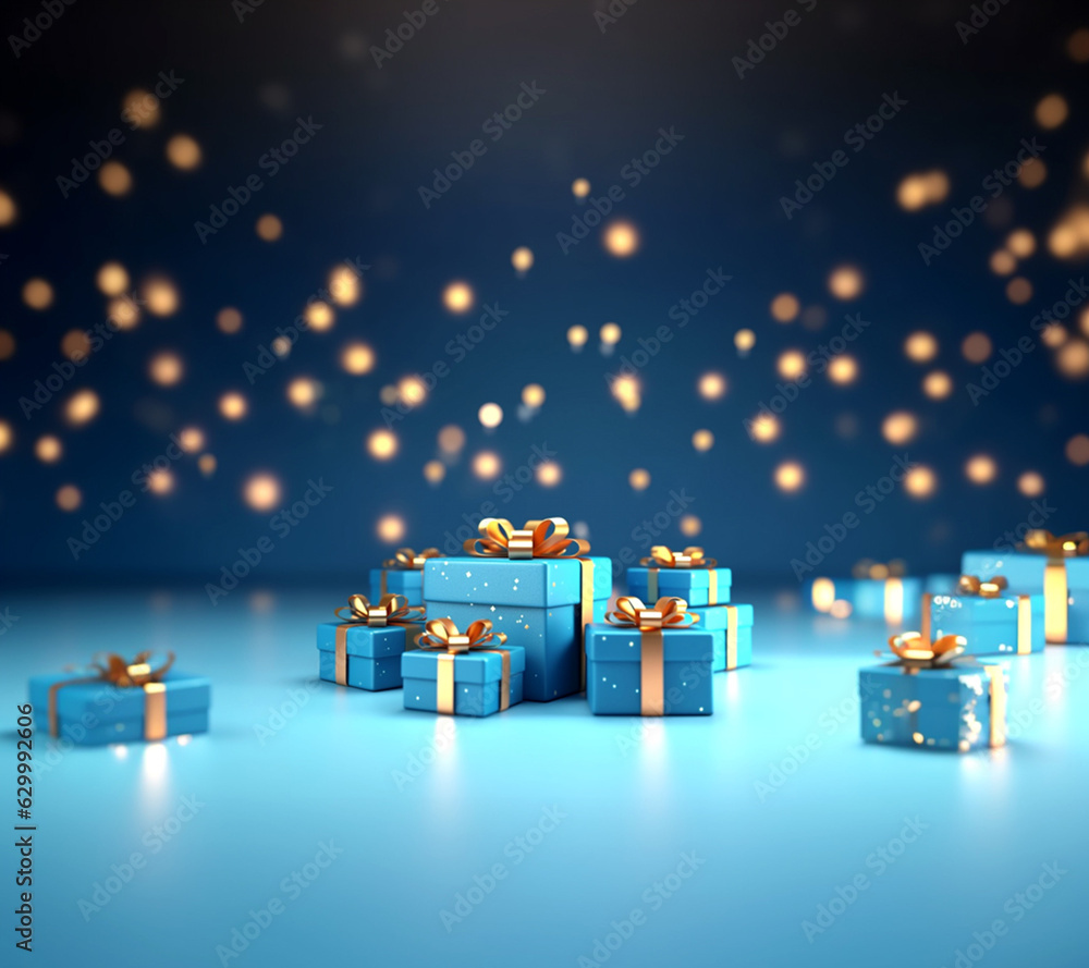 viele blaue Geschenke mit goldener Schleife vor festlichen Hintergrund

