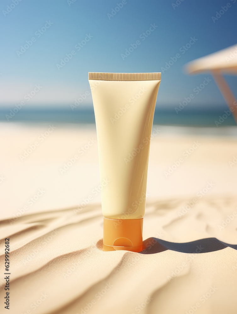 product mock-up sunscreen lotion on the beach product mock-up sunscreen lotion on the beach
