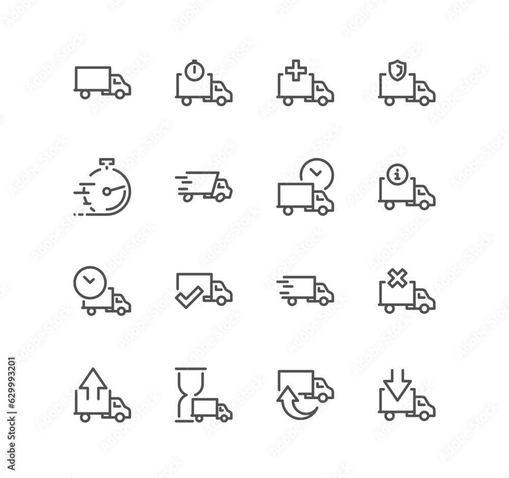 Set of truck delivery related icons, supply, door to door delivery, contactless delivery, express shipping and linear variety vectors. Set of truck delivery related icons, supply, door to door delivery, contactless delivery, express shipping and linear variety vectors.