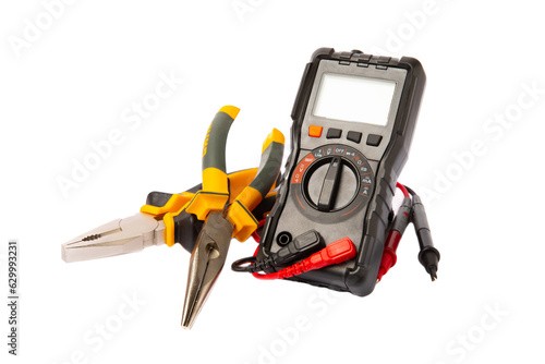 Electrician tool set isolated on white background. banner design. Electrical equipment, Multimeter, tester, screwdrivers, cutters, duct tape, lamps, tape measure and wires. Design.