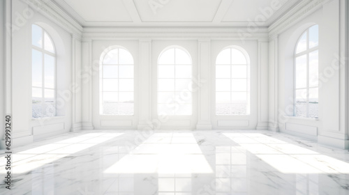 White Large Elegant Sunny Empty Interior Room with Sunny Window.