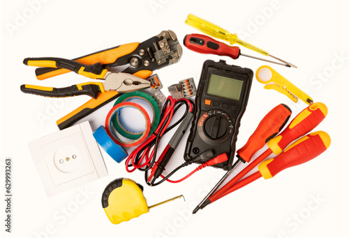 Electrician tool set isolated on white background. banner design. Electrical equipment, Multimeter, tester, screwdrivers, cutters, duct tape, lamps, tape measure and wires. Design. © Avocado_studio