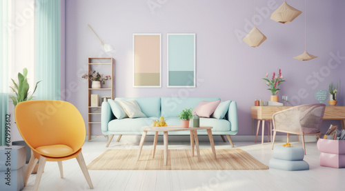 white living room with chairs and a plant on the wall, in the style of light violet and orange, generative AI