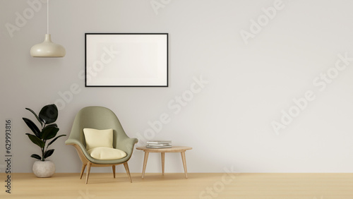 Modern minimalist interior with an armchair on empty white wall background and Blank picture frame mockup on white wall. 3d rendering illustration