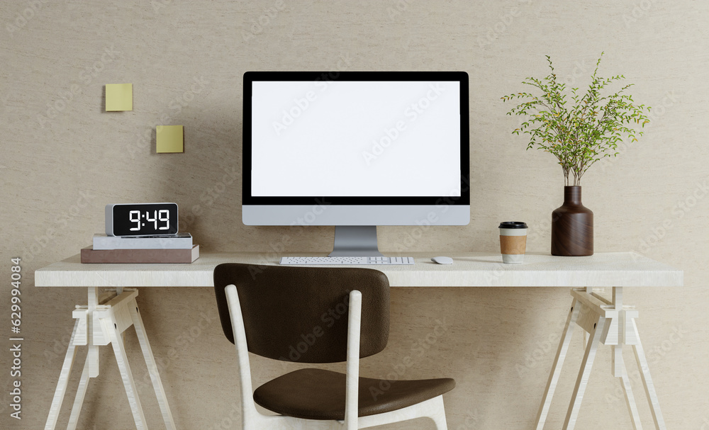 A modern PC computer blank screen mockup is on a table in a modern minimal home office. 3d render illustration A modern PC computer blank screen mockup is on a table in a modern minimal home office. 3d render illustration