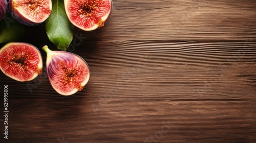 Fresh figs on wooden table. Top view with space for your text