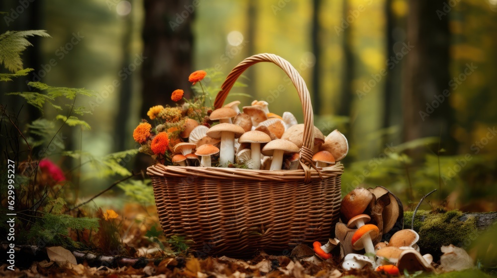 Wicker basket with mushrooms in autumn forest. Wicker basket with mushrooms in autumn forest.