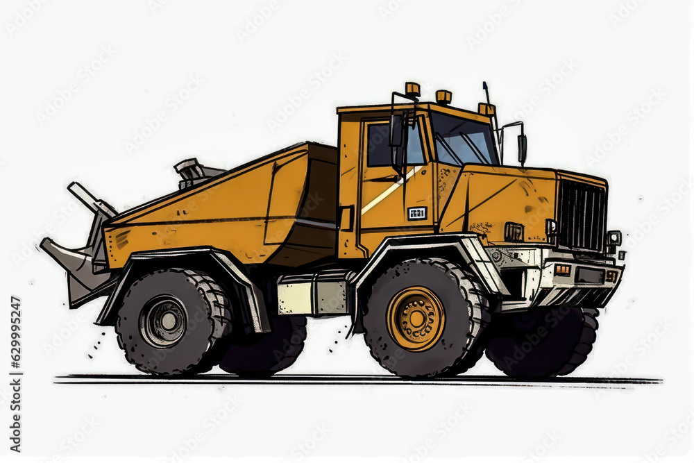 Articulated construction truck cartoon on white background. Generative AI. Articulated construction truck cartoon on white background. Generative AI.