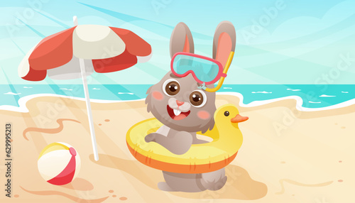 Bunny character on beach. Vacation illustration for summer sea holidays.