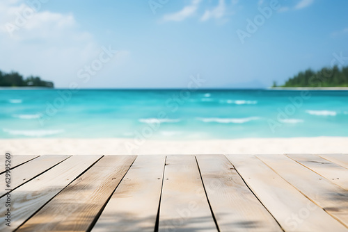 wood table top on blur beach background  can be used for display or montage your products AI Generative