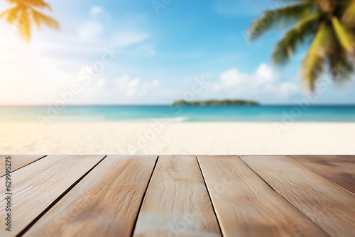 wood table top on blur beach background, can be used for display or montage your products AI Generative
