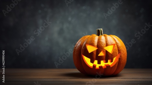 Halloween pumpkin jack o lantern on wooden table.