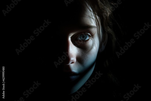 Girl's face in the dark, concept of fearful photography. Generative AI