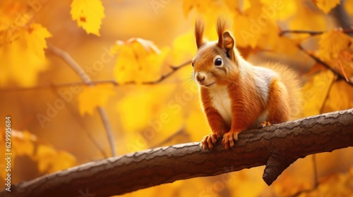 A red squirrel sits on a tree branch in an autumn forest with yellow leaves with copy space.