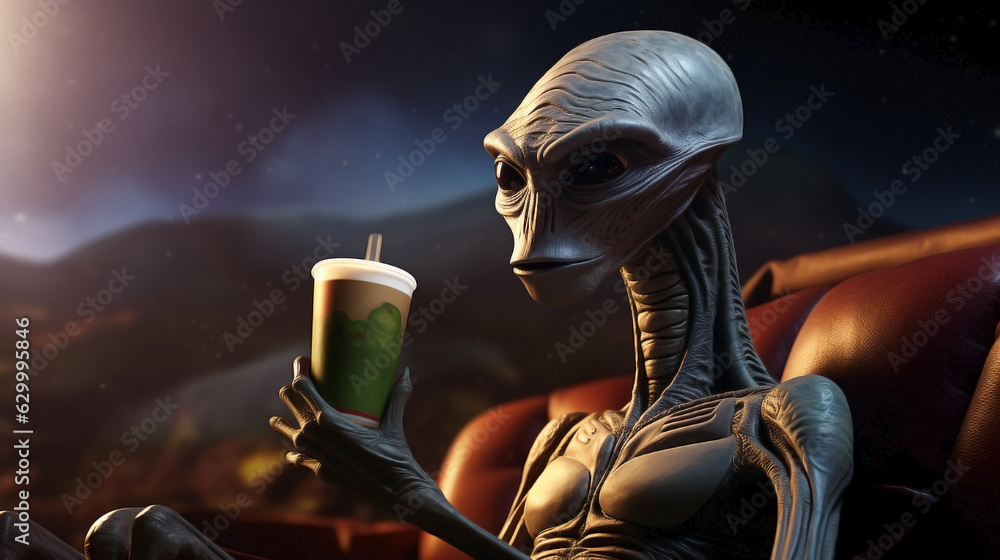 Extraterrestrial immersed in sci-fi cinema, pondering its own existence