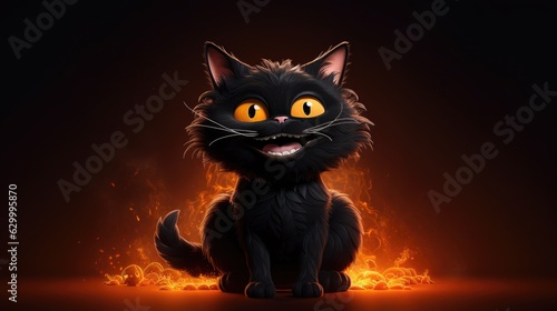 Funny Halloween black cat sits on a fiery background.