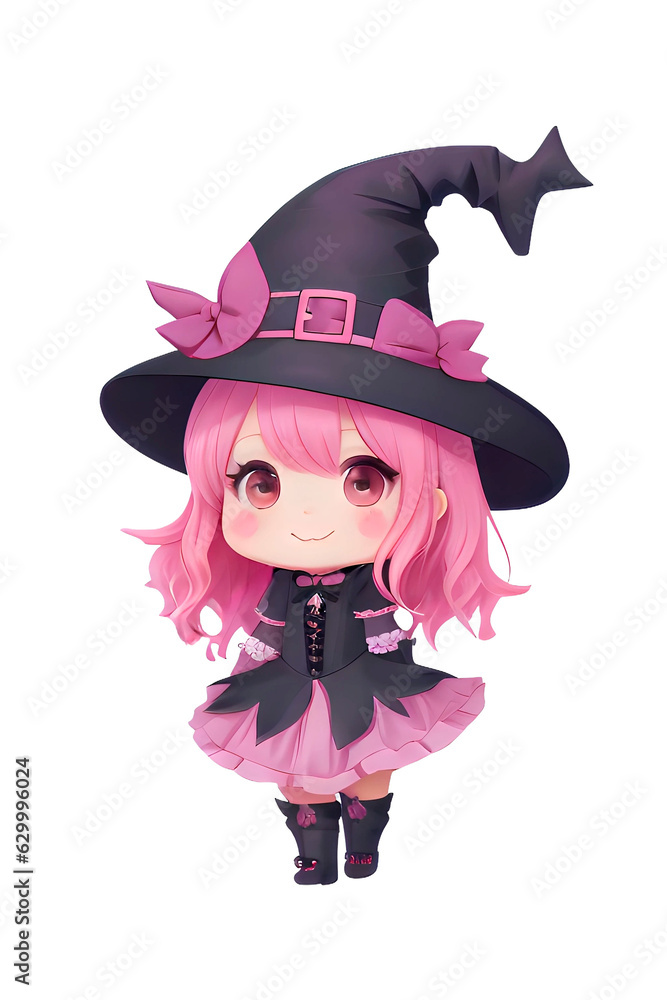 Cute kawaii chibi witch Anime cartoon style Halloween funny characters Isolated transparent background. PNG