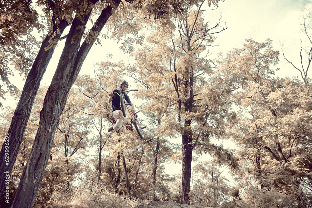 Naklejka premium Dangerous activity. Young man, professional rider training in forest, doing tricks with bmx bike. Concept of active lifestyle, sport, extreme, dynamics, hobby, freestyle