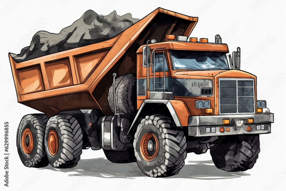 Articulated construction truck cartoon on white background. Generative AI. Articulated construction truck cartoon on white background. Generative AI.