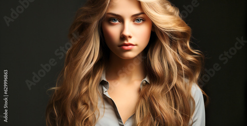the girl has long hair with long strands of blond hair
