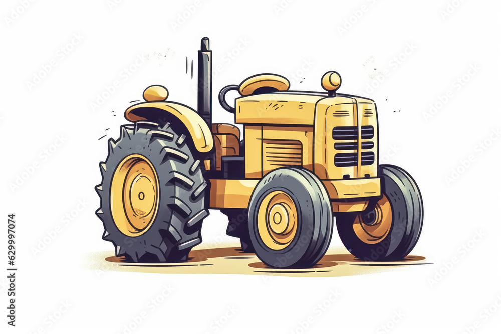 Cartoon of a yellow farm tractor, on white background. Generative AI. Cartoon of a yellow farm tractor, on white background. Generative AI.
