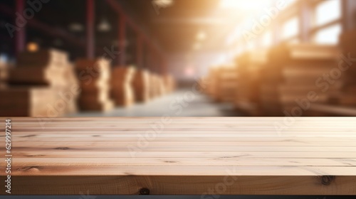 This montage features a product display with an empty wooden table and a blurred warehouse backdrop