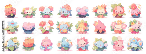 mega set of monsters chibi cute characters flower