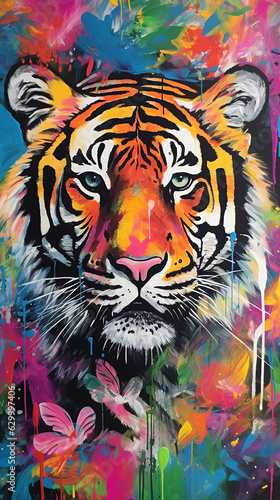 tigre,  colagem e rabiscos, linhas ousadas, retrato mítico, cores lindas, fundo abstrato © Alexandre
