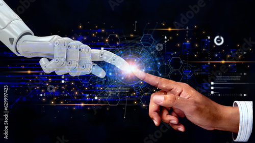 AI, Machine learning, Hands of robot and human touching the big data exchange with analog and digital transformation algorithms, artificial intelligence technology, innovation futuristic business.