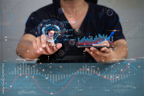 financial investment technology concept, finance, business and fund investment, stock market investment, and digital assets. Businessman analyzing trading graphs with AI, financial data analysis.
