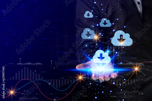 business man holding cloud storage technology hologram, Global network of metaverse systems exchange of information global business big data of Megatrends on the Internet for Telecommunication concept