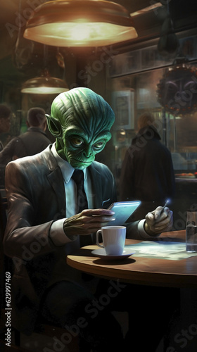 Inquisitive alien enjoys coffee, admiring the café's unique ambience. Alien watching news about extraterrestrials and UFOs.