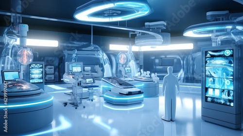 modern technology futuristic medical science labratory lab for research and analysis full of technology machine and screen monitor with hologram graphic technology,ai generate