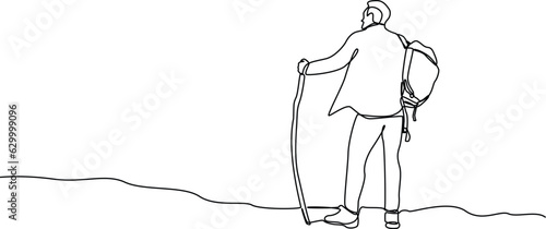 One continuous line drawing of Traveler or explorer on mountain or valley concept. Doodle vector illustration in simple linear style. 