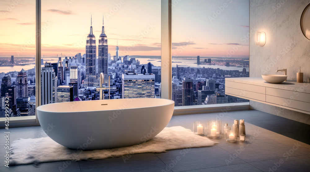Fototapeta premium Luxury Bathroom in a Luxury Apartment with Beautiful View Concept Study Illustration Digital Art Generative AI Wallpaper Brainstorming