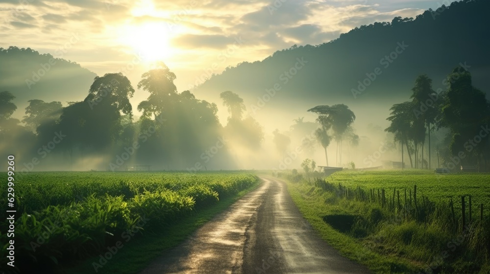 Road pass through natural green field in rainny season.