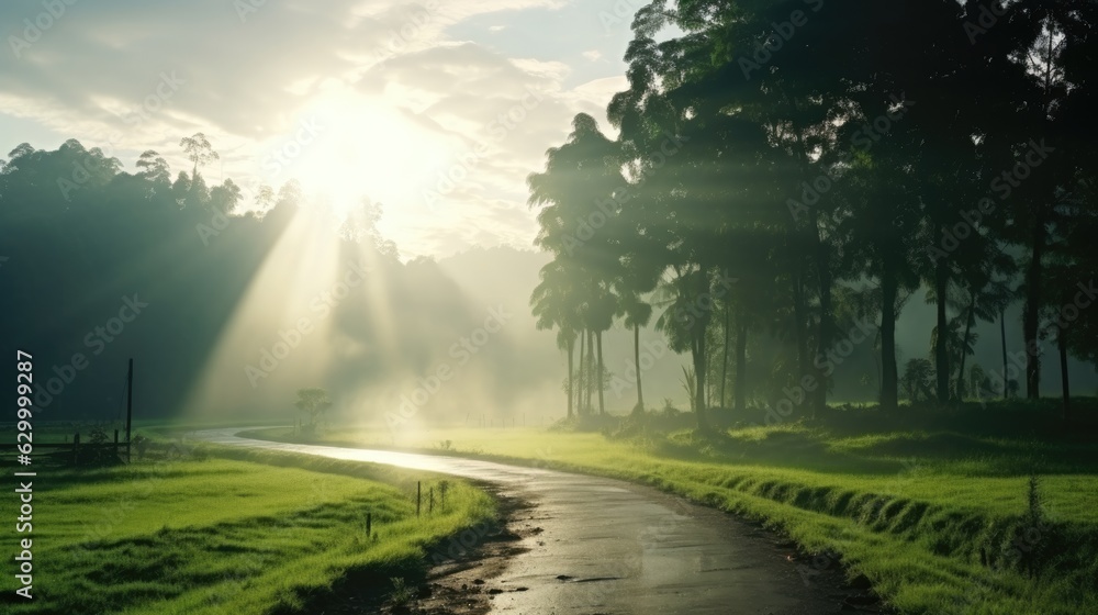 Road pass through natural green field in rainny season. Road pass through natural green field in rainny season.