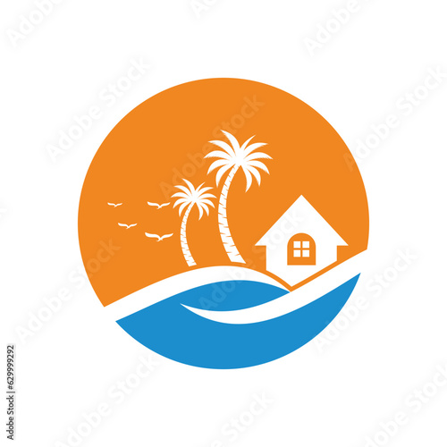Minimalist icon sunset beach house logo