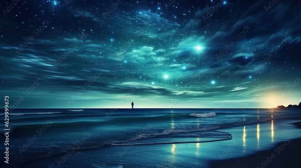 A person standing at the edge of the ocean against night stars