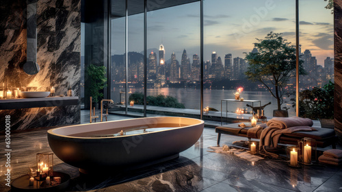 Luxury Bathroom in a Luxury Apartment with Beautiful View Concept Study Illustration Digital Art Generative AI Wallpaper Brainstorming